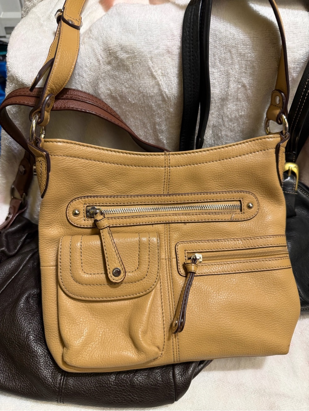 Tignanello Mustard Tan Pebbled Leather Crossbody with Front Pockets